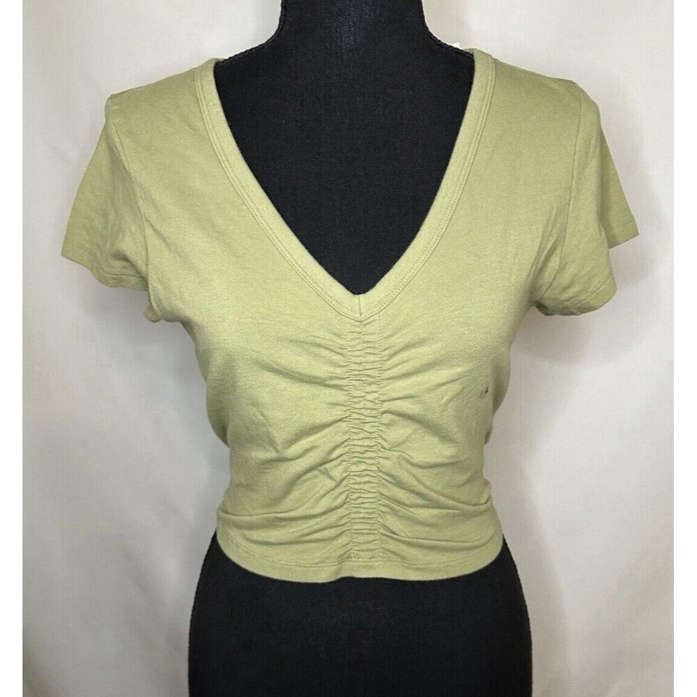 AMERICAN EAGLE Sage Green V-Neck‎ Cinch Front Crop Fitted T-Shirt LARGE NWT